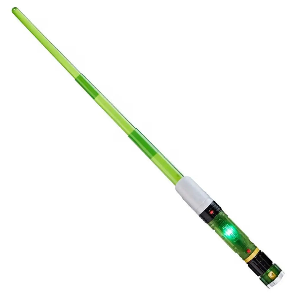 Star Wars Lightsaber Forge Sabine Wren toy lightsaber with bright green telescoping blade, translucent green plastic hilt, silver emitter, and black grip, shown extended on a plain white background.