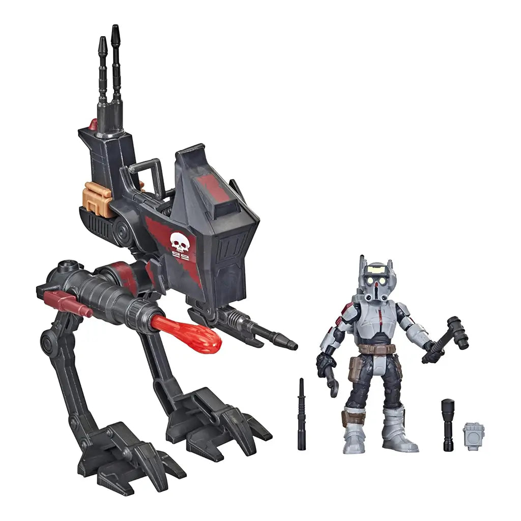 Star Wars Mission Fleet Tech Bad Batch AT-RT Ambush toy set including poseable AT-RT walker, Tech action figure, and small accessories such as blasters and tools, displayed on white background.