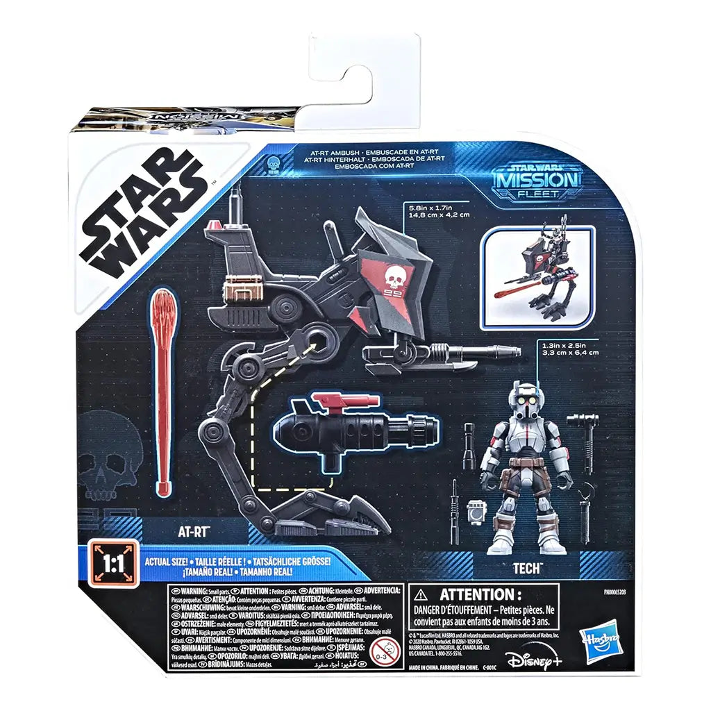 Back of Star Wars Mission Fleet AT-RT Ambush packaging showing toy dimensions, Tech figure, and launcher features, with Hasbro and Disney logos displayed at the bottom.