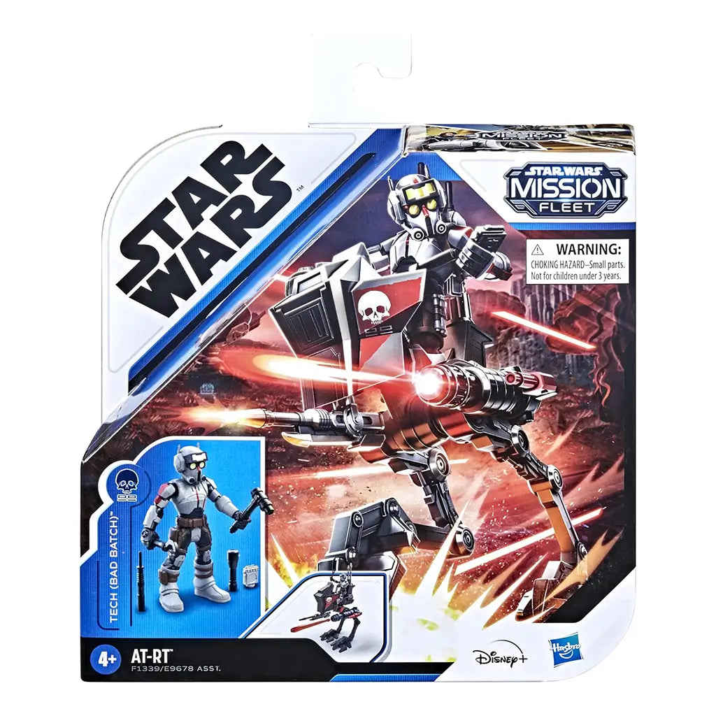 Front packaging of Star Wars Mission Fleet Tech Bad Batch AT-RT Ambush featuring dynamic battle artwork of Tech riding the AT-RT walker, glowing red lasers, and Hasbro branding for ages 4 and up.
