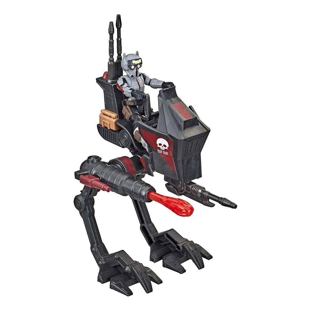 Star Wars Mission Fleet AT-RT Ambush set with Tech figure riding a black and red walker featuring skull insignia, dual cannons, and red blaster effect for dynamic sci-fi battle play.
