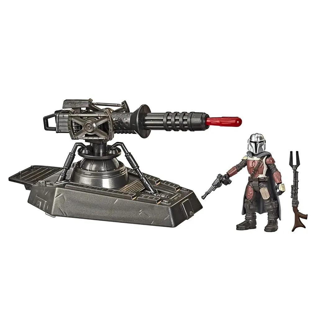 Star Wars Mission Fleet Mandalorian playset featuring a silver hover E-Web cannon with a red blaster tip and a 2.5-inch Mandalorian figure holding a blaster rifle and staff accessory.