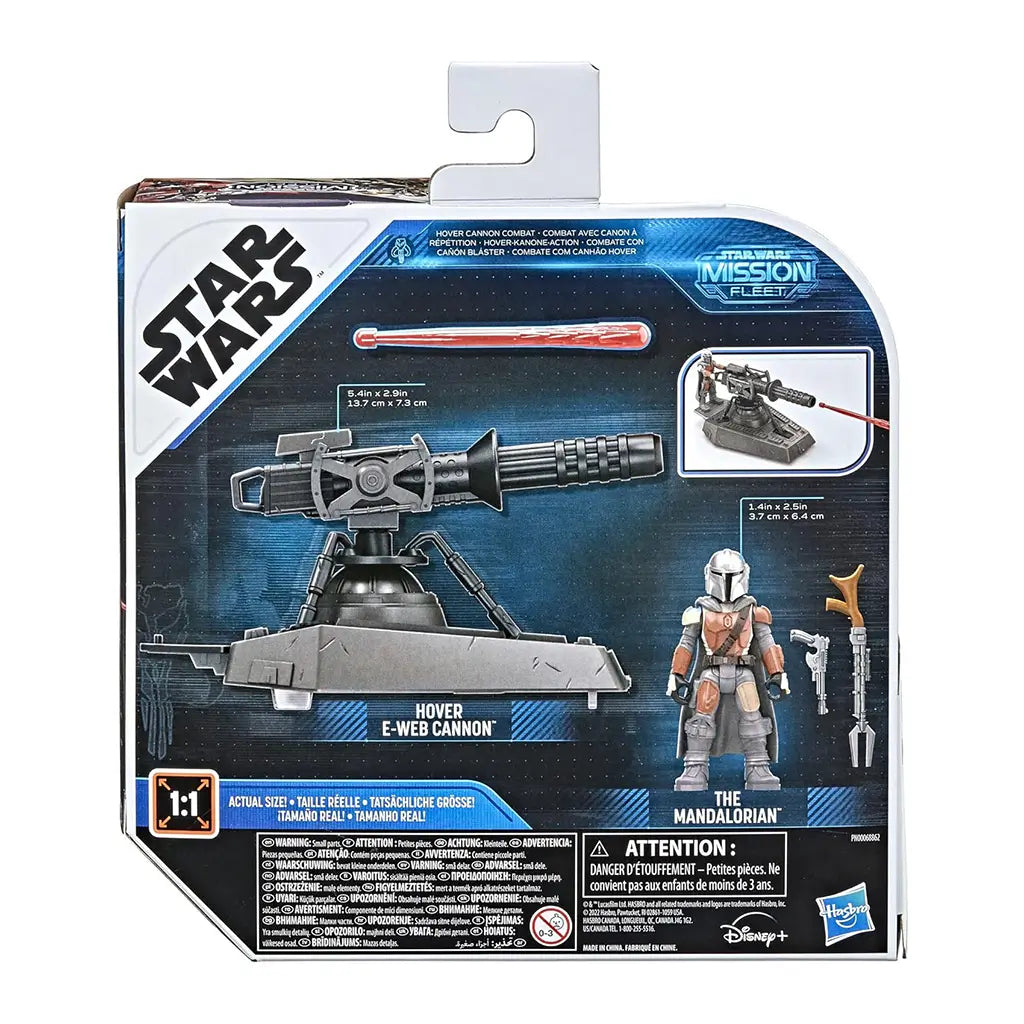 Back of Star Wars Mission Fleet packaging showing Mandalorian hover E-Web cannon toy details, figure accessories, product dimensions, and branding from Hasbro, Disney, and Lucasfilm.