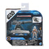 Back of Star Wars Mission Fleet packaging showing Mandalorian hover E-Web cannon toy details, figure accessories, product dimensions, and branding from Hasbro, Disney, and Lucasfilm.