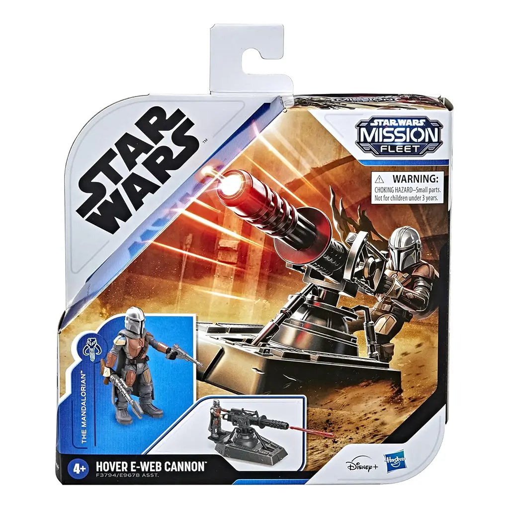 Front packaging of Star Wars Mission Fleet Mandalorian Hover E-Web Cannon toy set showing dynamic artwork of the Mandalorian firing the cannon, with toy image inset and age 4+ label.