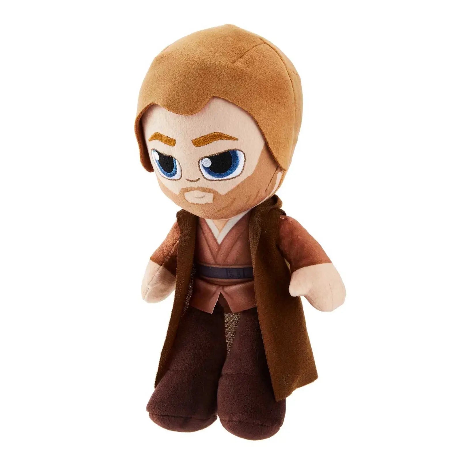 Star Wars Obi-Wan Kenobi plush toy angled view, featuring soft tan fabric head, stitched facial hair, oversized blue eyes, and brown robe with tunic outfit.