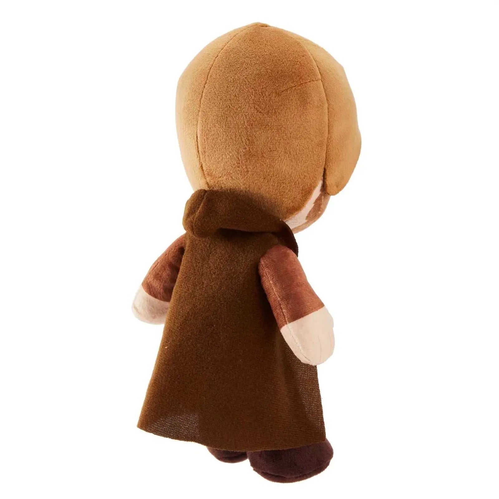 Star Wars Obi-Wan Kenobi plush doll viewed from behind, showing smooth tan fabric head and flowing brown robe with hood draping over back and shoulders.