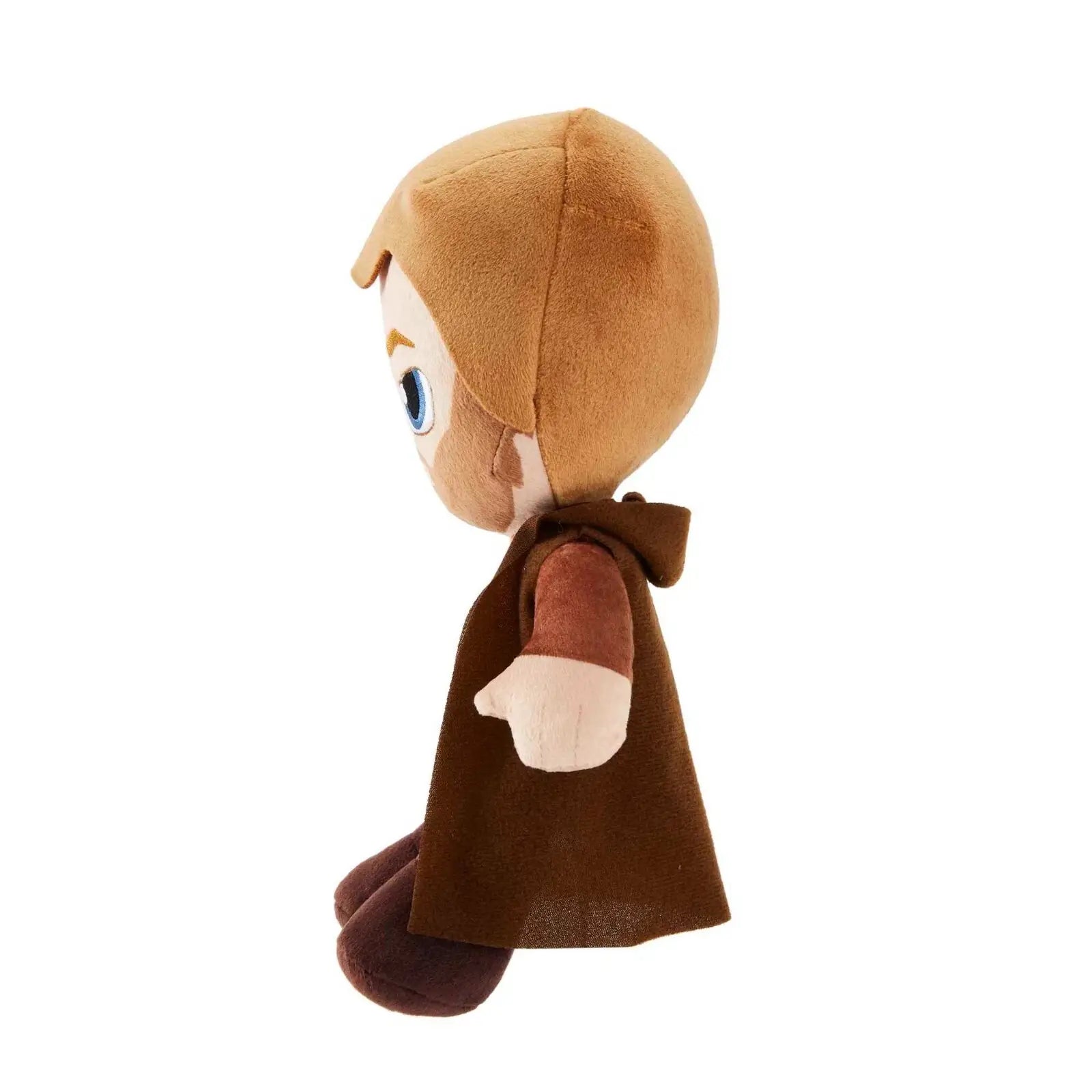 Star Wars Obi-Wan Kenobi plush toy shown from side view, with tan head, embroidered details, and long brown Jedi robe draping toward its fabric boots.