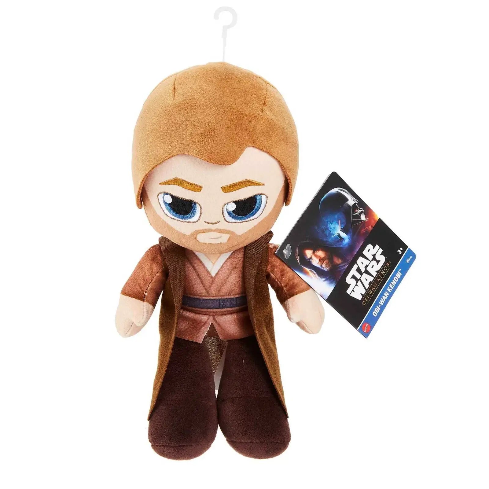Star Wars Obi-Wan Kenobi plush toy in soft brown fabric robe with embroidered blue eyes and detailed tunic, shown front view with attached branded tag.