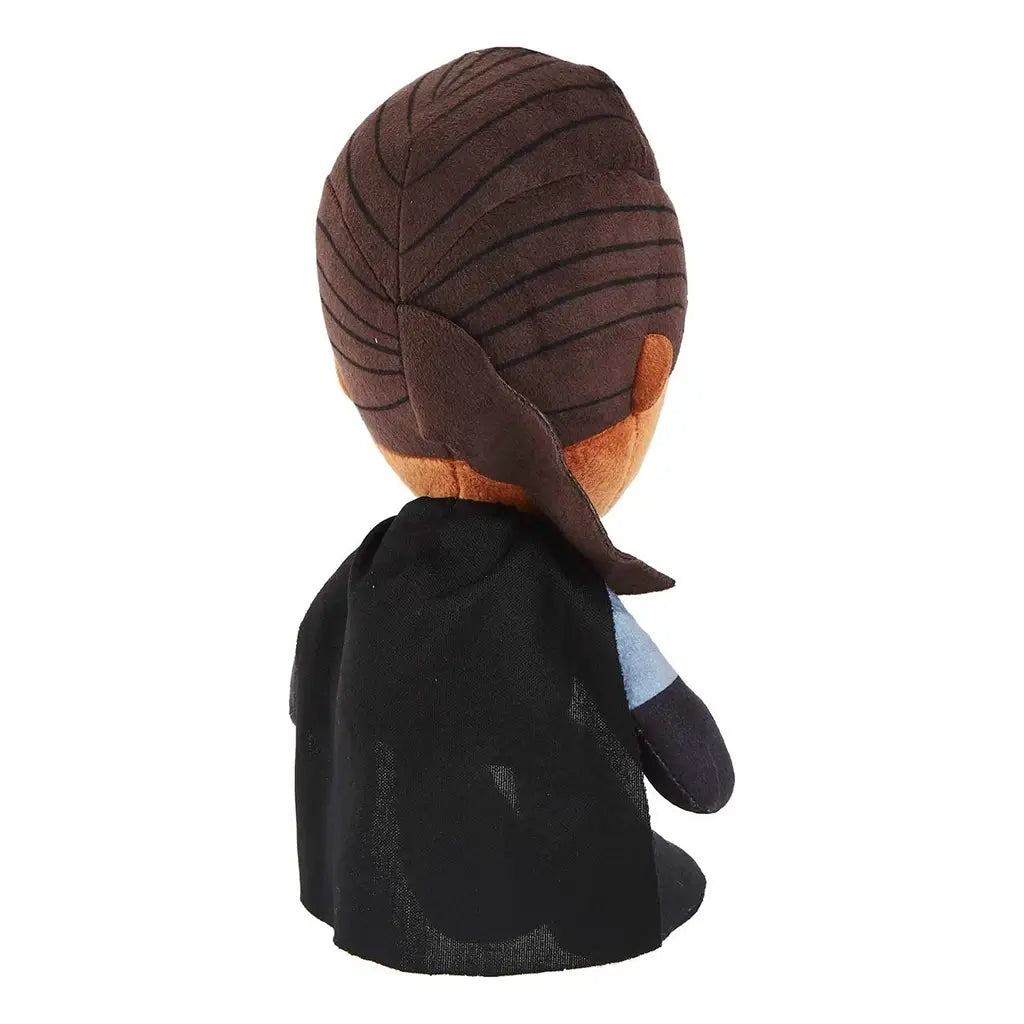 Star Wars plush toy of Reva the Third Sister shown from the back, highlighting brown stitched hair pattern and flowing black cape over light gray sleeves and gloves.