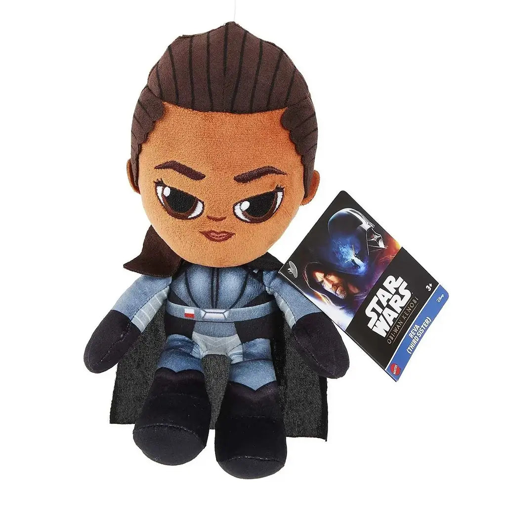 Star Wars Reva the Third Sister plush toy in detailed gray uniform with black cape, tag attached featuring Obi-Wan Kenobi branding, showing character front view.