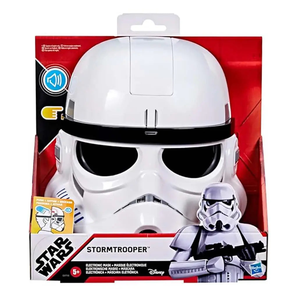 Star Wars Stormtrooper electronic helmet in open-front retail box featuring character art, age label and sound-effect icons emphasizing realistic audio functions for young fans.