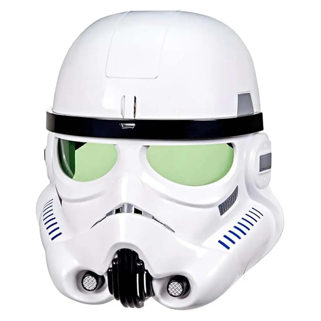 Star Wars Stormtrooper white glossy plastic electronic helmet with black visor band, green-tinted lenses and molded breathing vents shown against plain background for detailed collectible display.