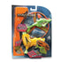 Toy stunt flyer set in retail packaging shows the yellow launcher, green helicopter body and large orange rotor secured in a glossy blister pack with printed graphics highlighting ripcord features.