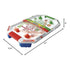 Super Mario air hockey table shown with measurement lines, sized 21 inches by 13.4 inches by 3 inches, with red and green paddles placed on top.