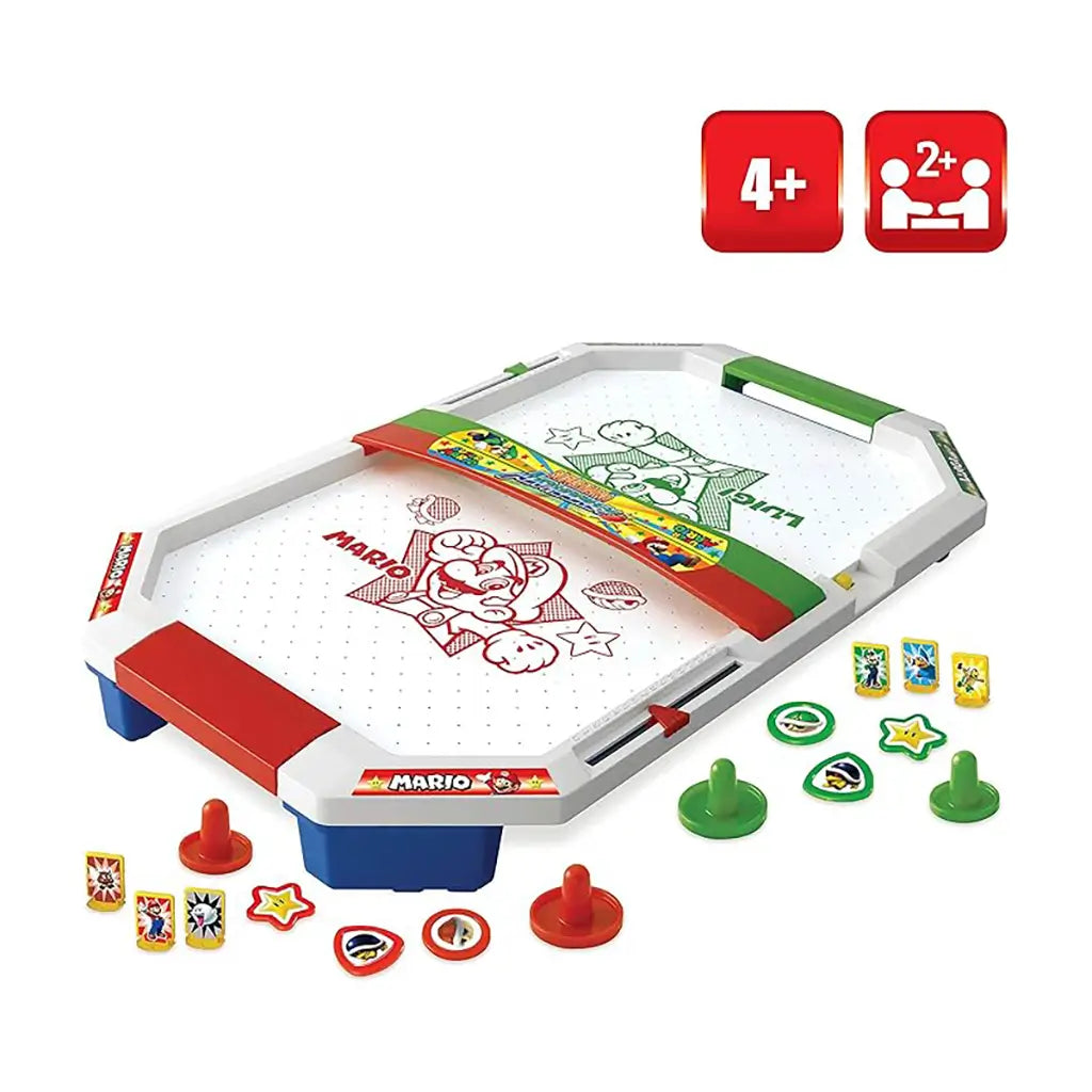 Super Mario air hockey game set on white plastic board with red and green paddles, colorful discs, and character cards included for interactive play.