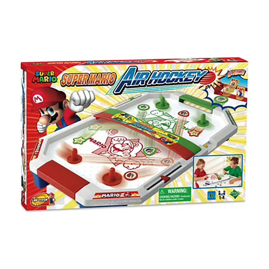 Box packaging of Super Mario air hockey set with bright colors, bold Mario artwork, and photos showing kids playing on the red and green tabletop game.