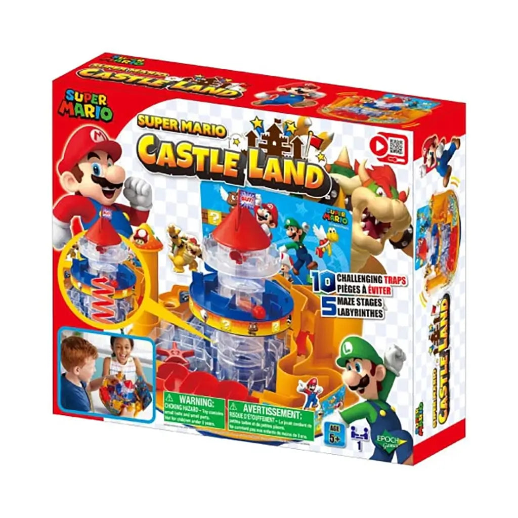 Super Mario Castle Land game packaging shows Mario, Luigi, and Bowser on the box with colorful illustrations, highlighting 10 traps, 5 maze stages, and exciting castle-themed gameplay.