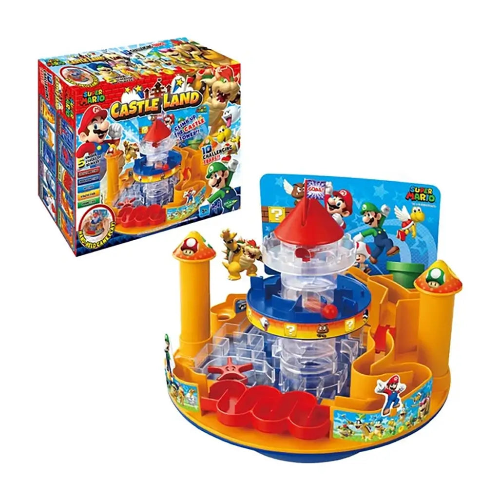 Super Mario Castle Land game with bright yellow, blue, and red plastic castle maze featuring traps, ramps, and characters like Mario and Bowser, offering interactive play for kids.