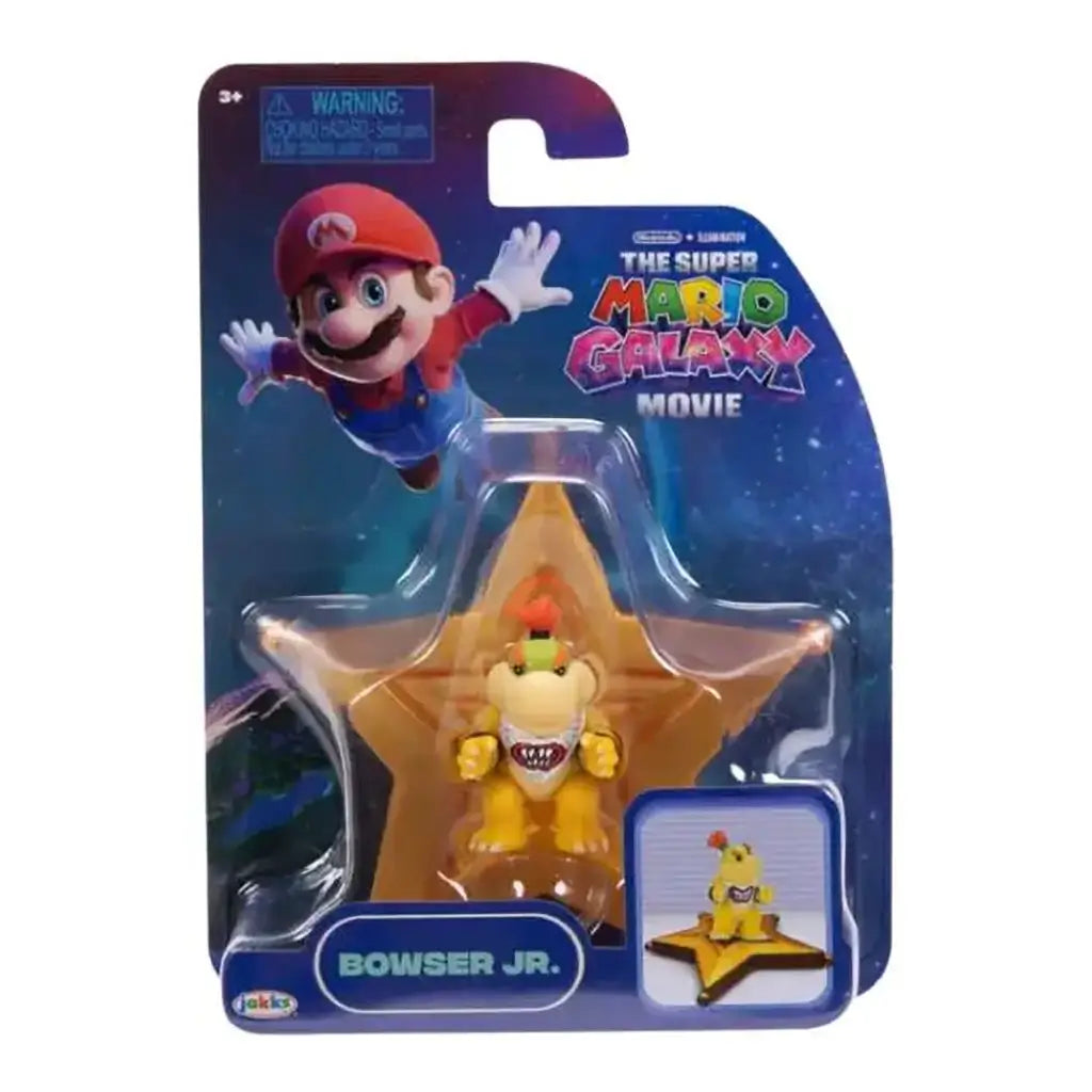 Super Mario Galaxy Movie Bowser Jr. figure features yellow plastic, a green shell and orange crest on a gold star platform, sealed in dark blue Jakks retail packaging.