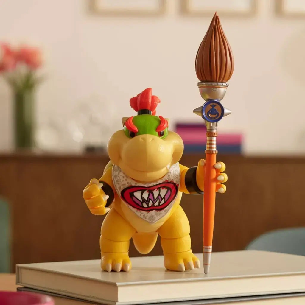 Super Mario Galaxy Movie Bowser Jr. figure is yellow plastic with green and orange details, holding a tall paintbrush while standing on stacked books in a home setting.