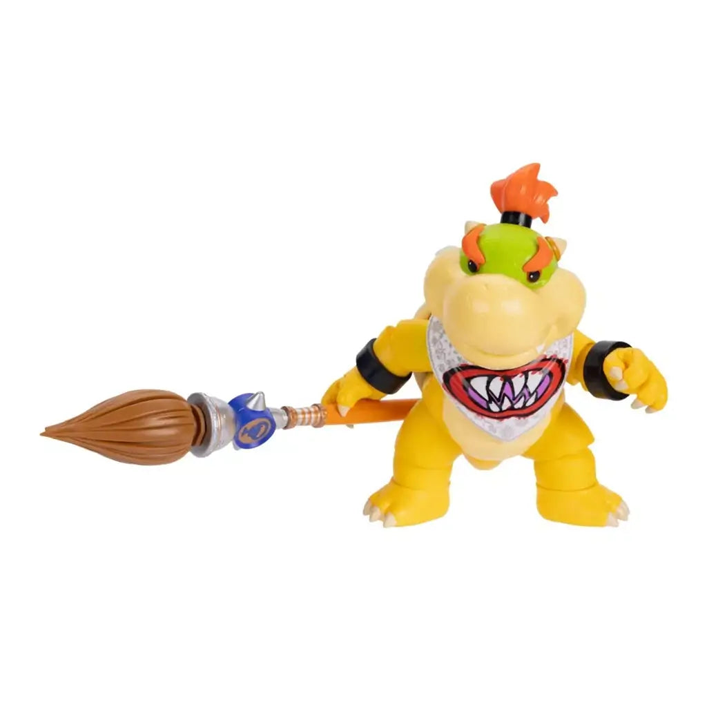 Super Mario Galaxy Movie Bowser Jr. figure is yellow plastic with a green face patch and orange hair, posed beside a long brown-tipped paintbrush against white.