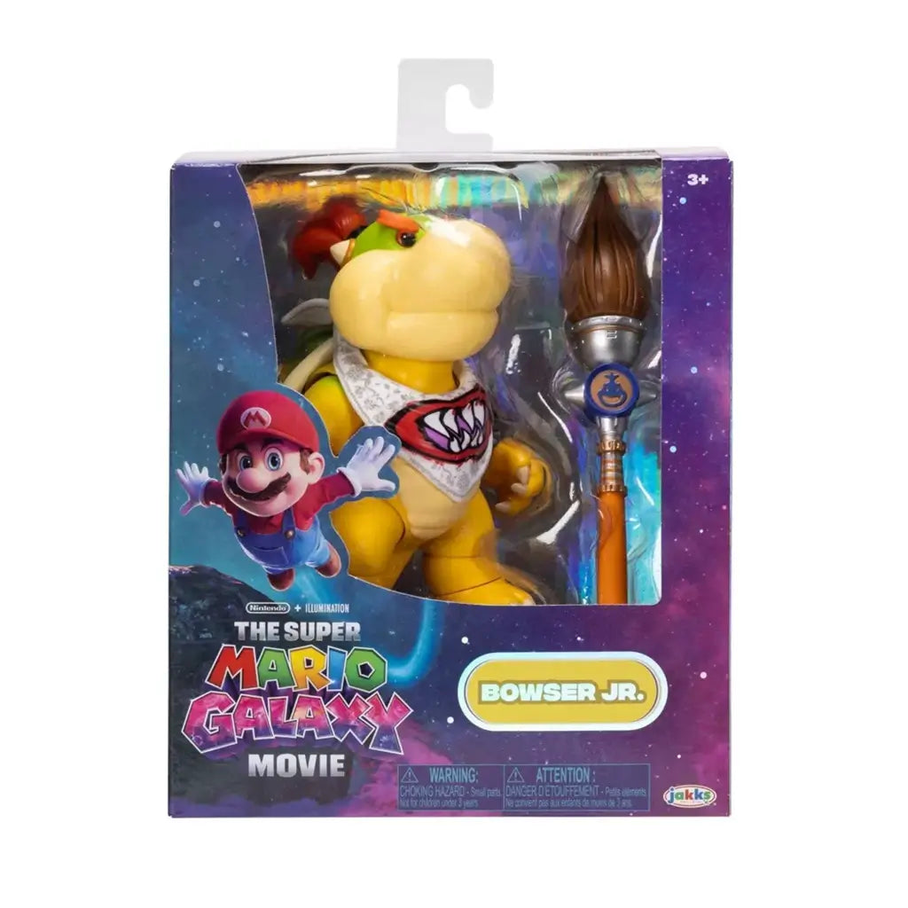 Super Mario Galaxy Movie Bowser Jr. figure and paintbrush accessory sit in Jakks retail packaging with a blue-purple galaxy design, Mario artwork, and clear window.