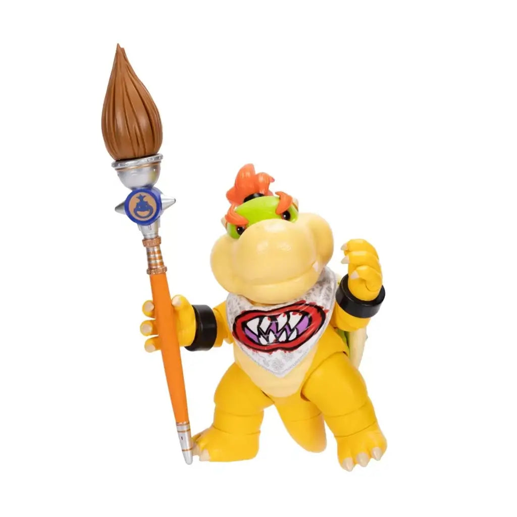 Super Mario Galaxy Movie Bowser Jr. figure is yellow plastic with green and orange details, a fang-print bib, and an orange-handled paintbrush accessory on white.