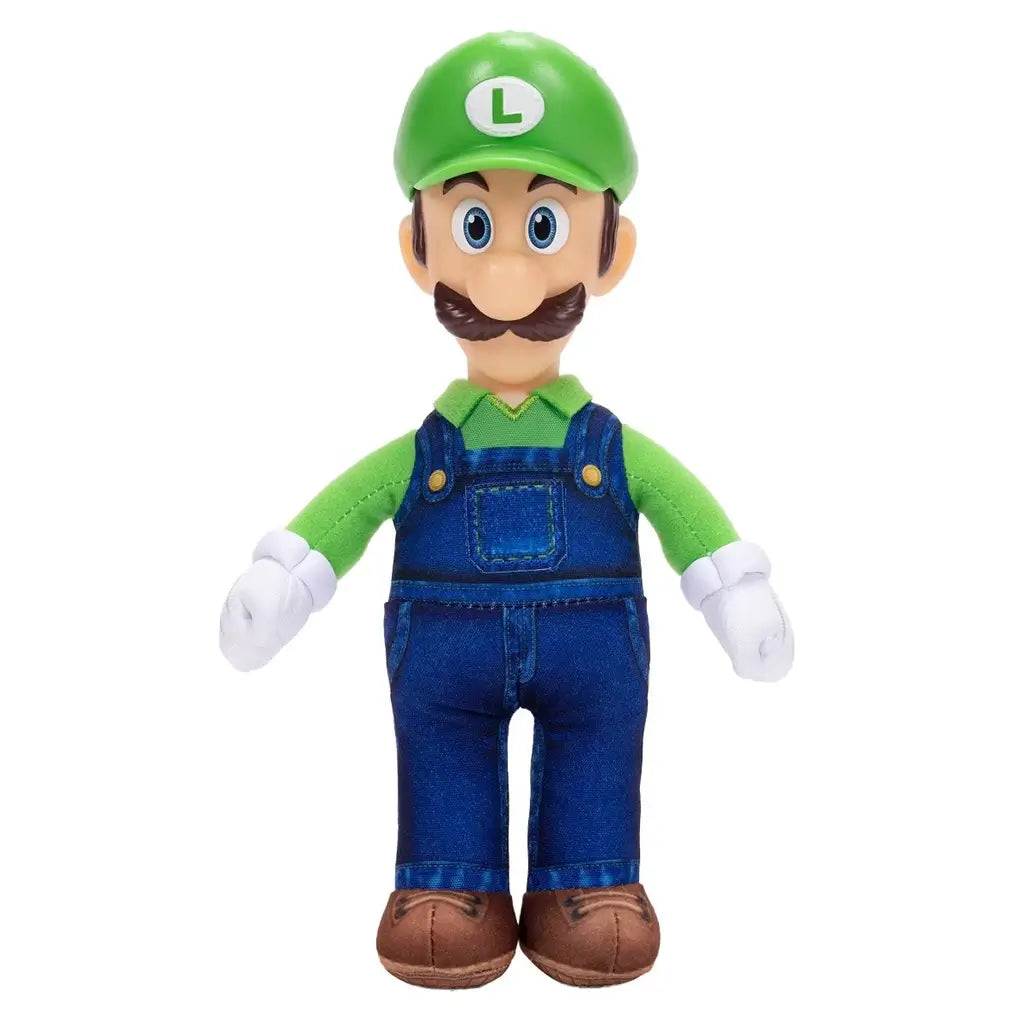 Luigi plush toy from The Super Mario Galaxy Movie features soft green fabric, blue overalls, white gloves, brown shoes, green L cap, embroidered blue eyes, and brown mustache.