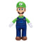 Luigi plush toy from The Super Mario Galaxy Movie features soft green fabric, blue overalls, white gloves, brown shoes, green L cap, embroidered blue eyes, and brown mustache.