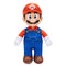 Mario plush toy from The Super Mario Galaxy Movie features soft red and blue fabric, blue overalls, white gloves, brown shoes, red M cap, blue eyes, and black mustache.
