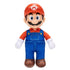 Mario plush toy from The Super Mario Galaxy Movie features soft red and blue fabric, blue overalls, white gloves, brown shoes, red M cap, blue eyes, and black mustache.