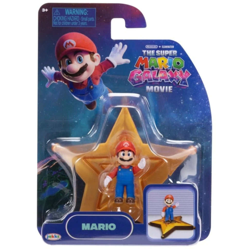 Super Mario Galaxy Movie Mario figure wears red and blue overalls with white gloves, displayed on a gold star platform inside dark blue Jakks retail packaging.