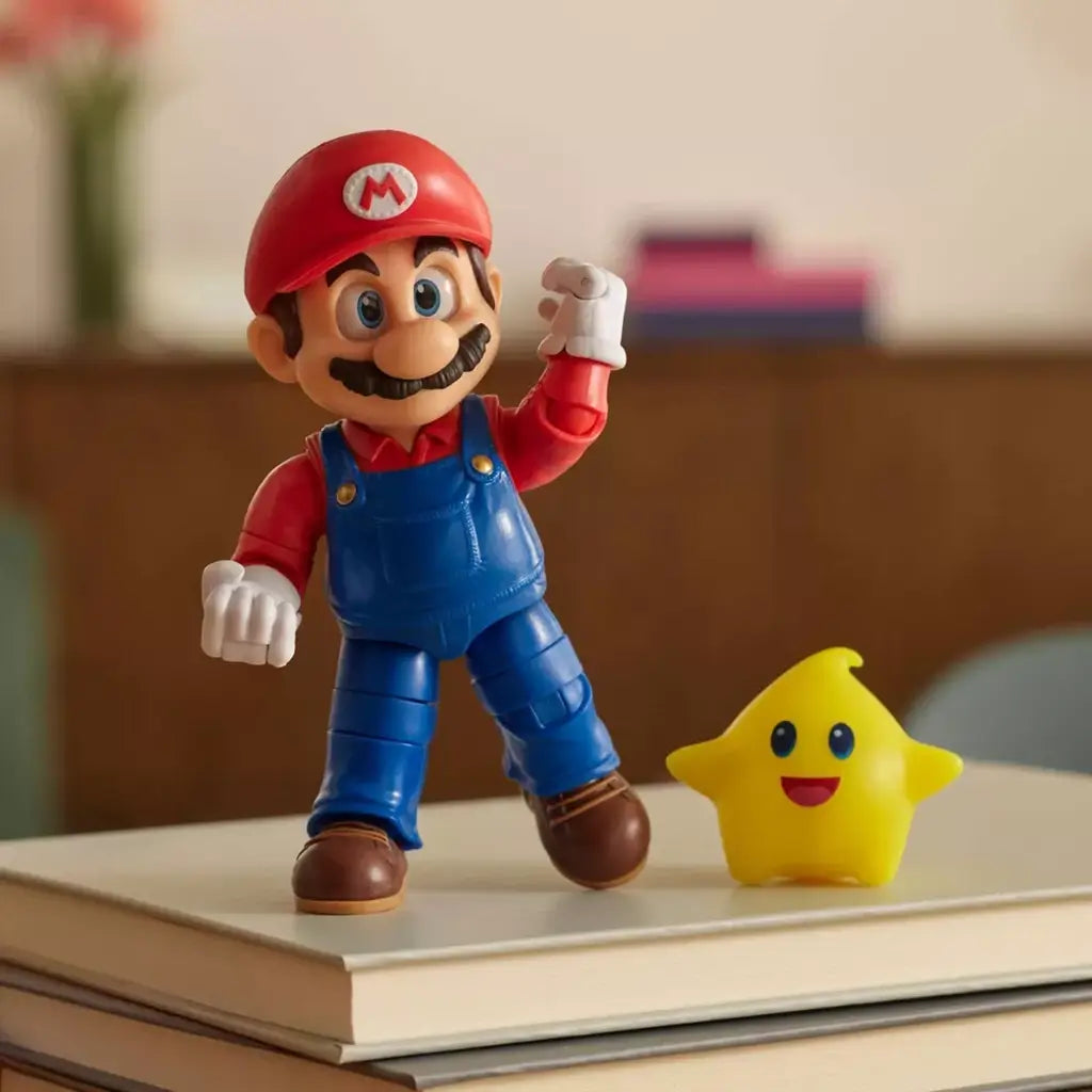 Super Mario Galaxy Movie Mario figure features red and blue articulated plastic, posed with one fist raised beside a smiling yellow Luma accessory atop stacked books indoors.