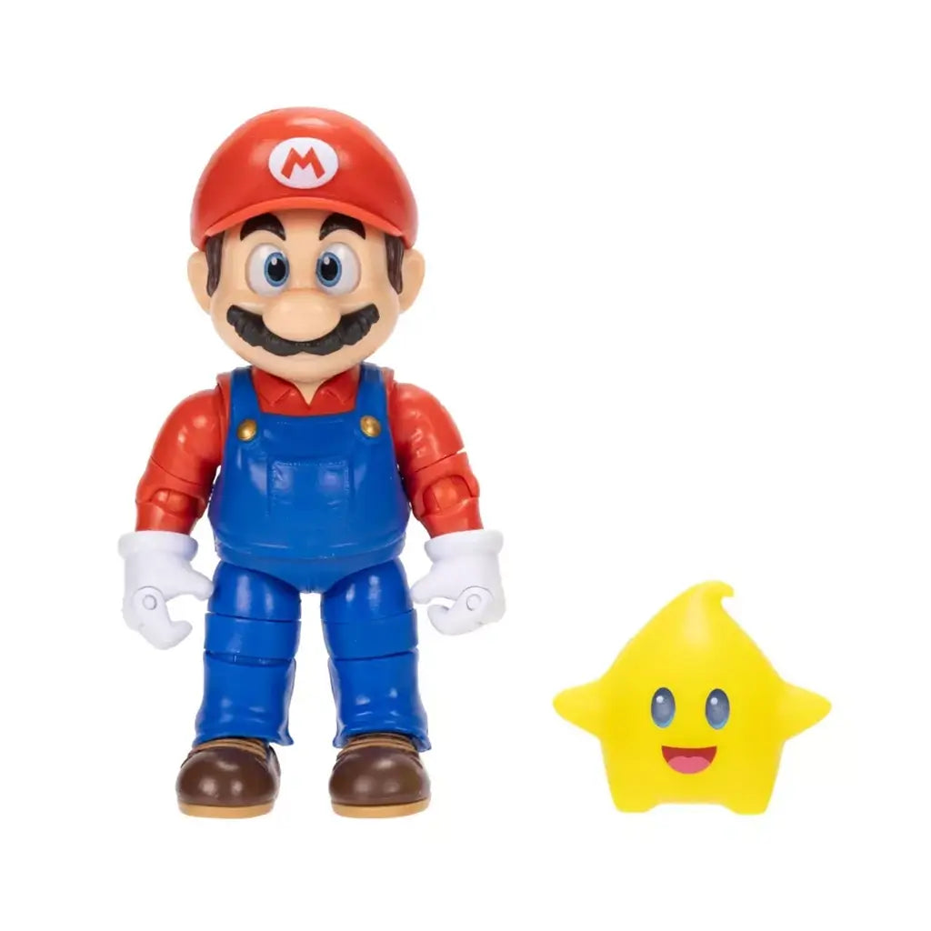 Super Mario Galaxy Movie Mario figure has red and blue articulated plastic, white gloves and brown shoes, standing beside a smiling yellow Luma accessory on a white background.