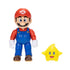Super Mario Galaxy Movie Mario figure has red and blue articulated plastic, white gloves and brown shoes, standing beside a smiling yellow Luma accessory on a white background.