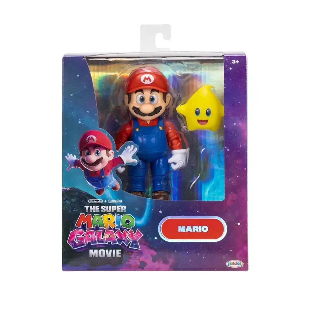 Super Mario Galaxy Movie Mario figure in red and blue plastic is boxed with a yellow Luma accessory in Jakks galaxy-themed retail packaging with a clear display window.