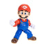 Super Mario Galaxy Movie Mario figure features red and blue articulated plastic, white gloves and brown shoes, posed in a wide action stance with one fist raised on white.