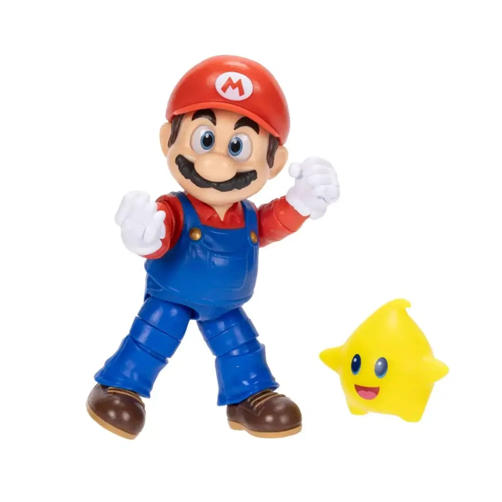 Super Mario Galaxy Movie Mario figure features red, blue and white plastic with articulated limbs, posed beside a bright yellow Luma character accessory on a white background.