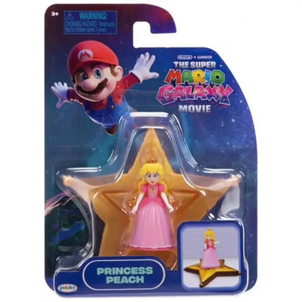 Super Mario Galaxy Movie Princess Peach figure wears a pink gown, white gloves and gold crown, displayed on a gold star platform inside dark blue Jakks retail packaging.