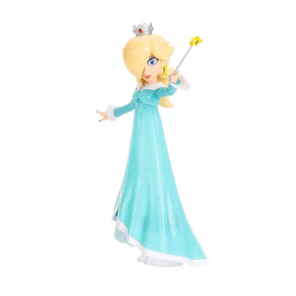 Super Mario Galaxy Movie Rosalina figure wears a turquoise plastic gown with white trim and silver crown, posed at an angle with a yellow star wand on a white background.