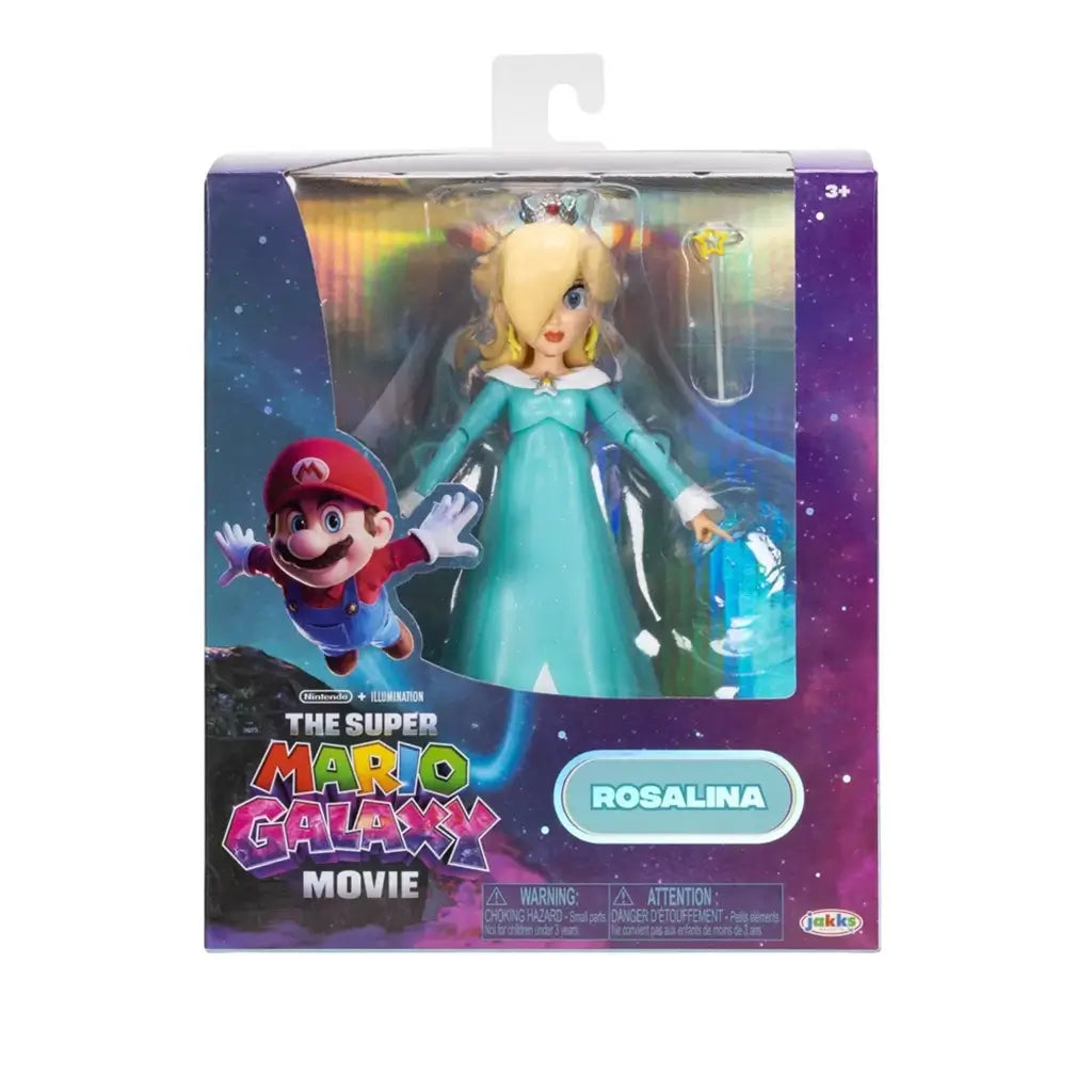 Super Mario Galaxy Movie Rosalina figure wears a turquoise plastic gown with white trim and silver crown, displayed with a star wand in Jakks galaxy-themed packaging.