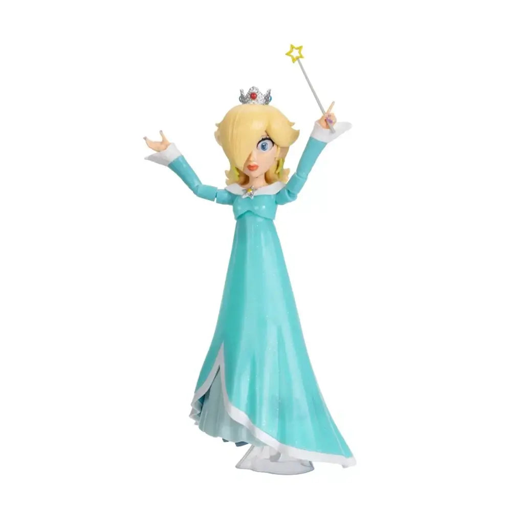 Super Mario Galaxy Movie Rosalina figure wears a turquoise plastic gown with white trim and silver crown, raising both poseable arms and a yellow star wand on white.