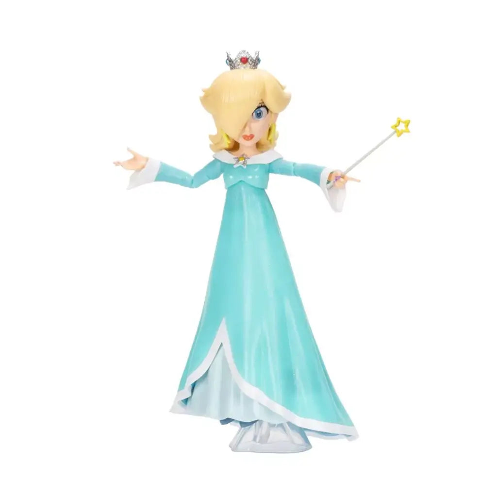 Super Mario Galaxy Movie Rosalina figure wears a turquoise plastic gown with white trim and silver crown, posed with arms extended and a yellow star wand on white.