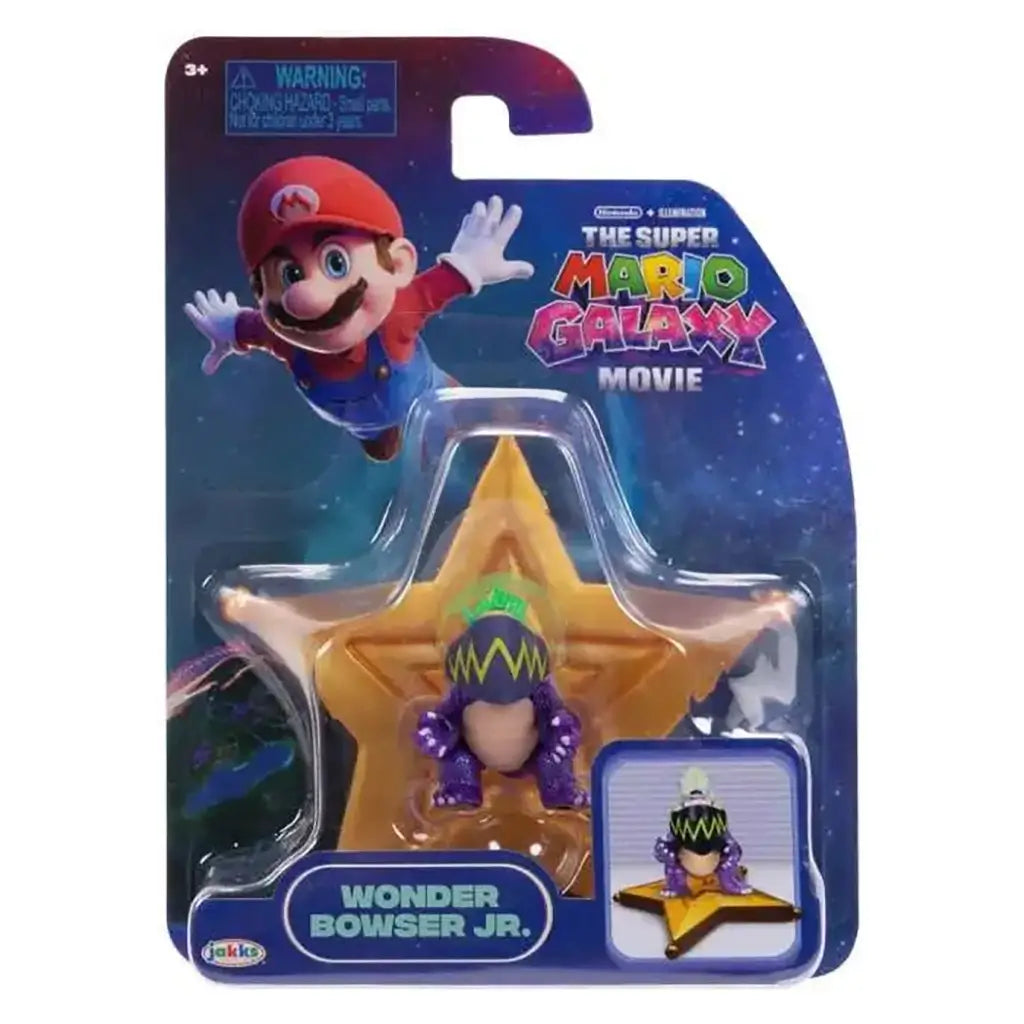 Super Mario Galaxy Movie Wonder Bowser Jr. figure features purple plastic details and a green crest on a gold star platform, sealed in Jakks retail packaging.