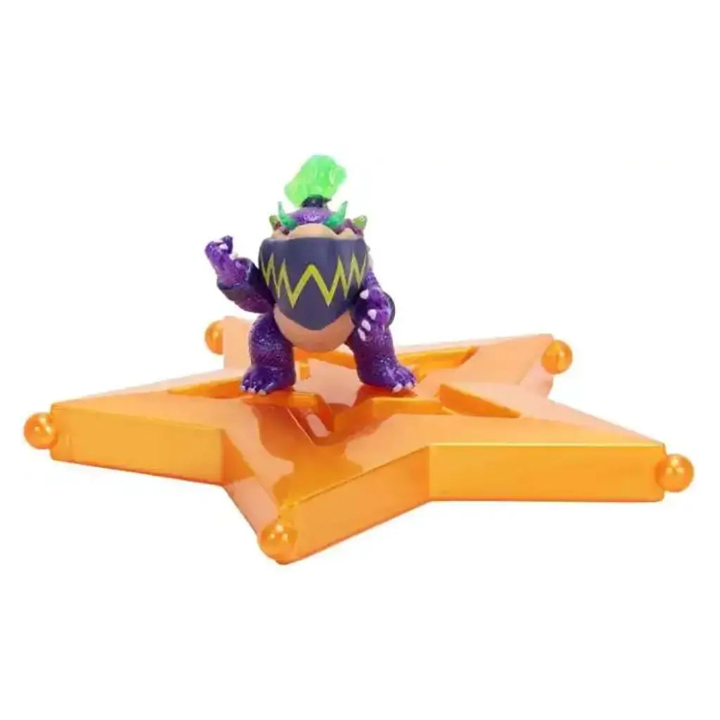 Super Mario Galaxy Movie Wonder Bowser Jr. figure has purple textured plastic, a green crest and dark bib, posed on a glossy orange star platform against white.