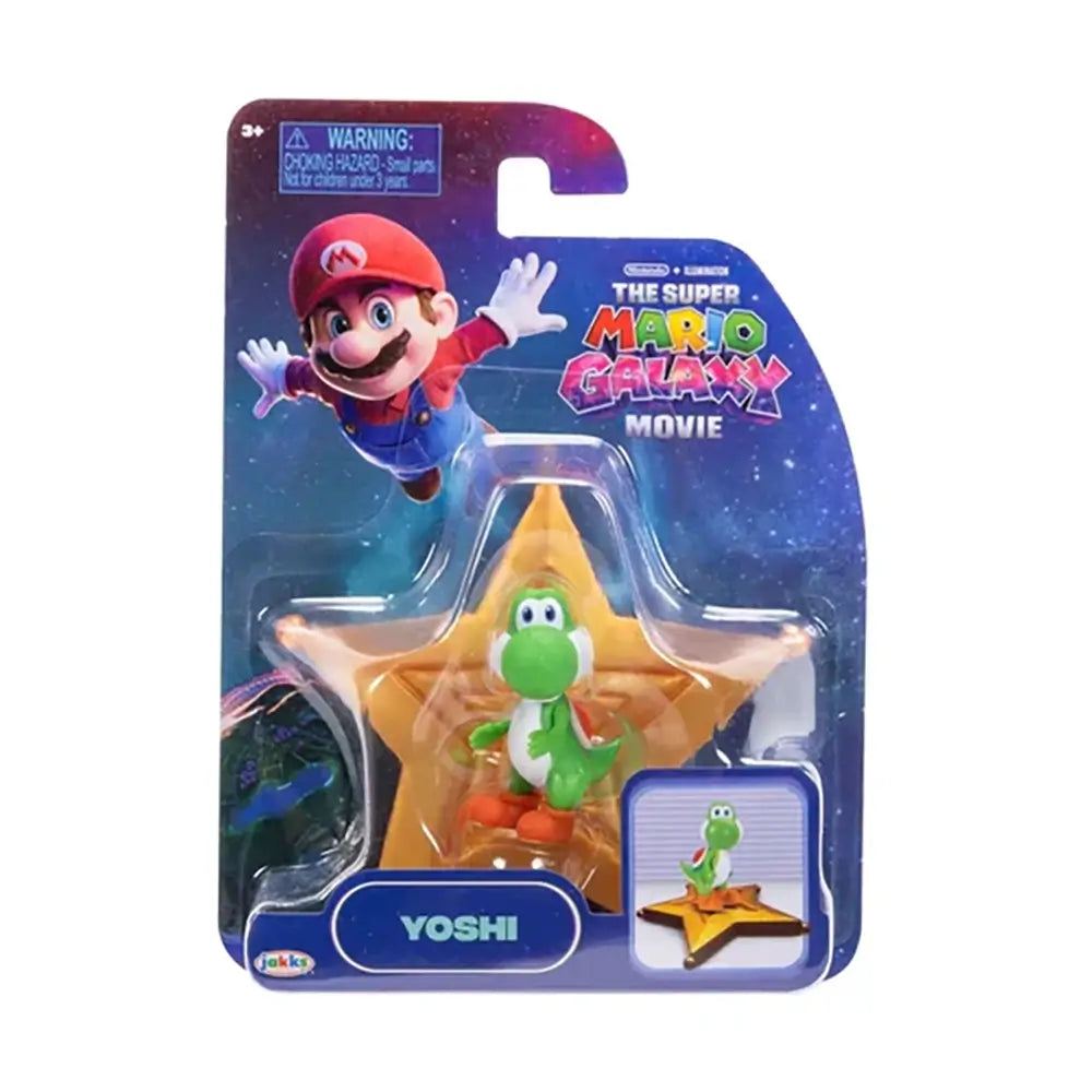 Super Mario Galaxy Movie Yoshi figure is green plastic with a white belly and orange shoes, displayed on a gold star platform inside dark blue Jakks retail packaging.