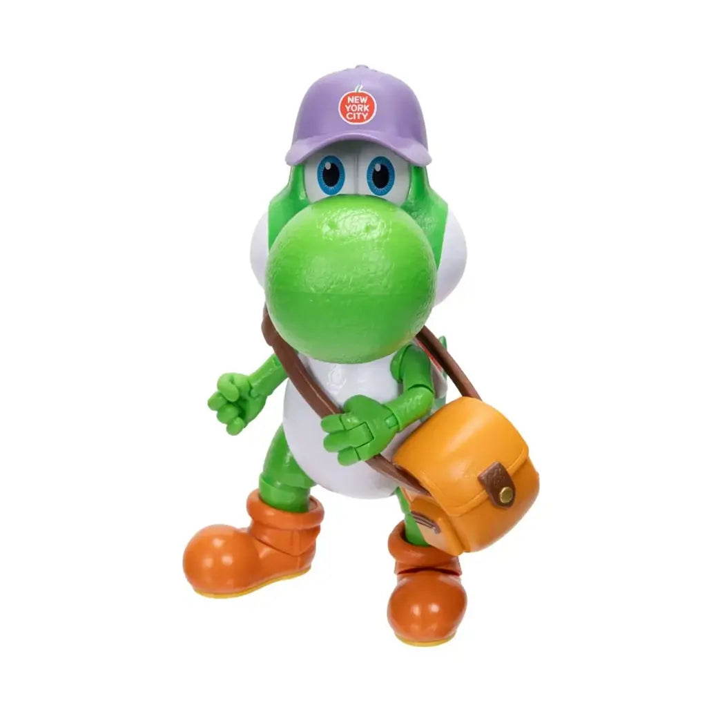 Super Mario Galaxy Movie Yoshi figure has green textured plastic, a white belly and orange boots, wearing a purple New York City cap and orange shoulder bag on white.