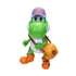 Super Mario Galaxy Movie Yoshi figure has green textured plastic, a white belly and orange boots, wearing a purple New York City cap and orange shoulder bag on white.