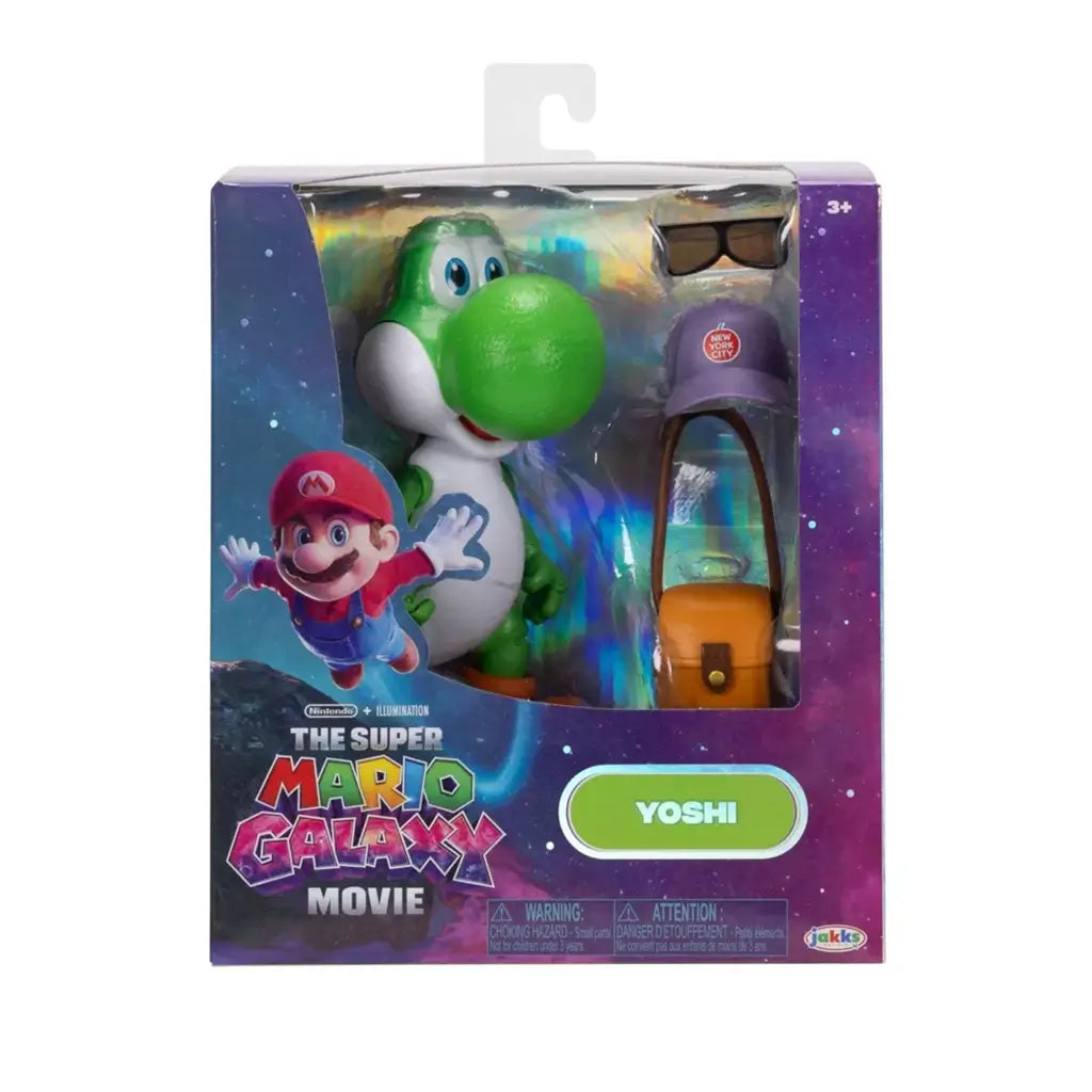 Super Mario Galaxy Movie Yoshi figure in green textured plastic comes boxed with a purple New York City cap, black sunglasses and orange bag in Jakks galaxy packaging.